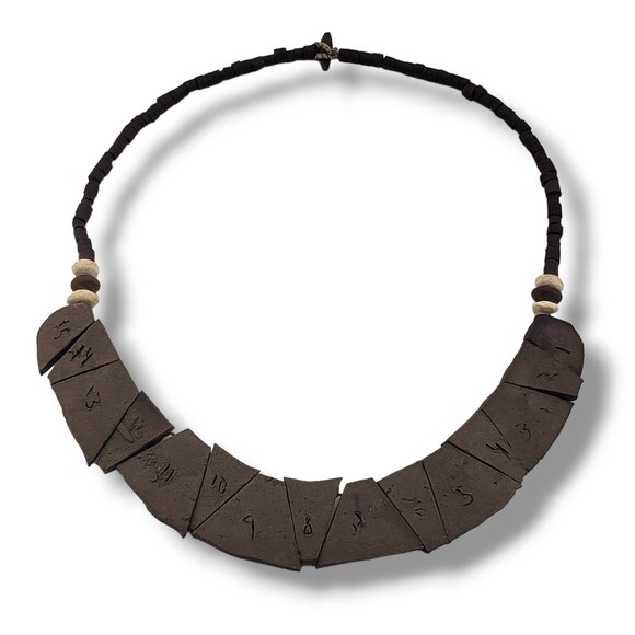 Vintage Polymer Clay Ceramic Flat Slice Collar Necklace Neutral Tone - Picture 3 of 9